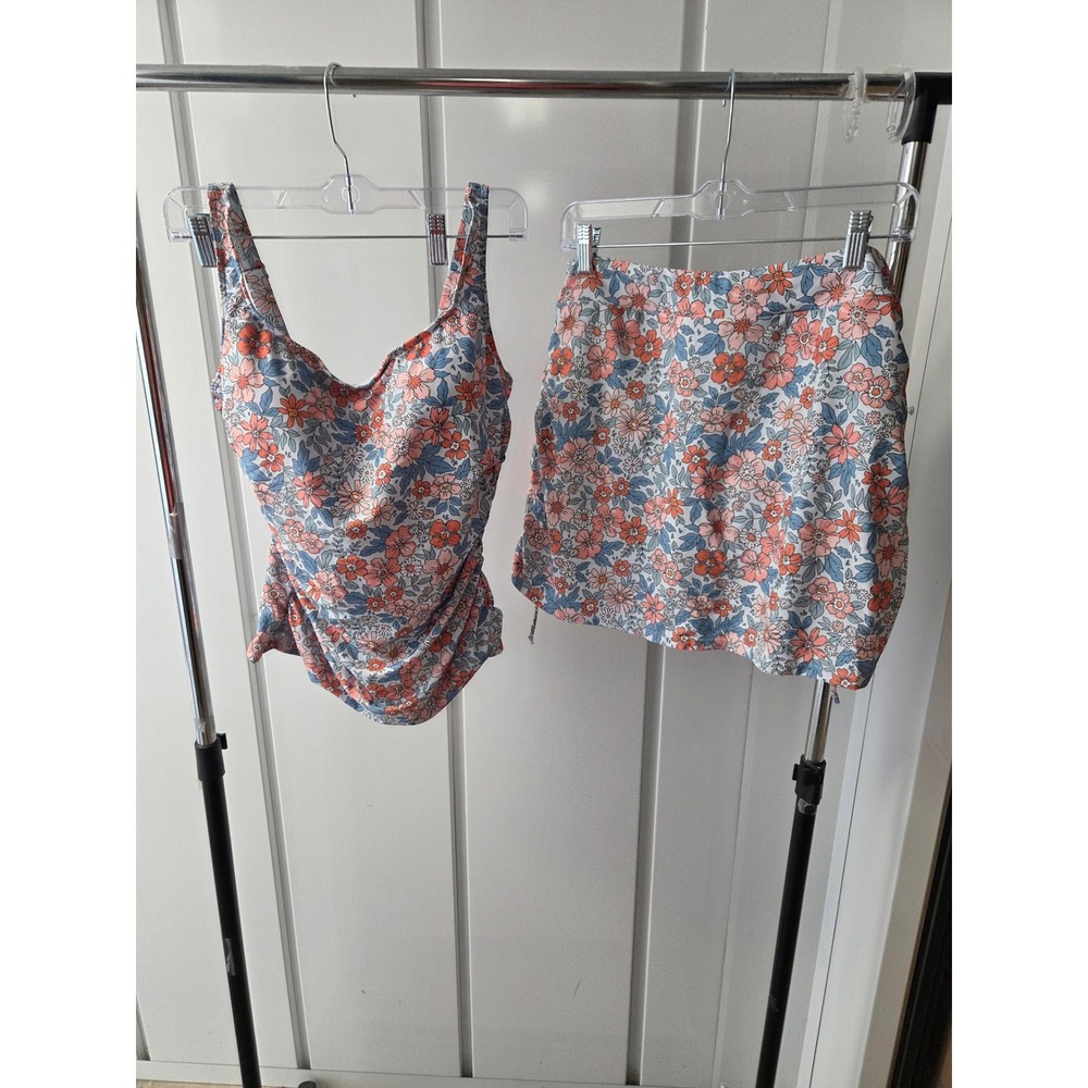 B2Prity Womens Floral Tankini Set XL 2 Piece Ruched Top Swim Skirt Blue Peach